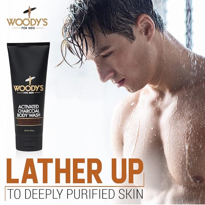 Woody's Activated Charcoal Body Wash for Men - Deep Cleansing, Exfoliating Face & Body Wash, Hydrating Formula with Walnut Extracts, Fresh Scent, 8 oz