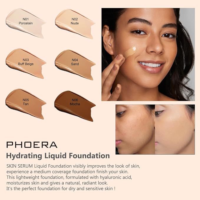 PHOERA Hydrating Serum Foundation,Makeup Base Foundation Hypoallergenic and