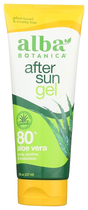 Alba Botanica Aloe Vera Gel for Skin, Cooling After Sun Treatment for Face and Body, Made with Purity Certified 80% Aloe Vera Gel Formula, 8 fl. oz. Tube