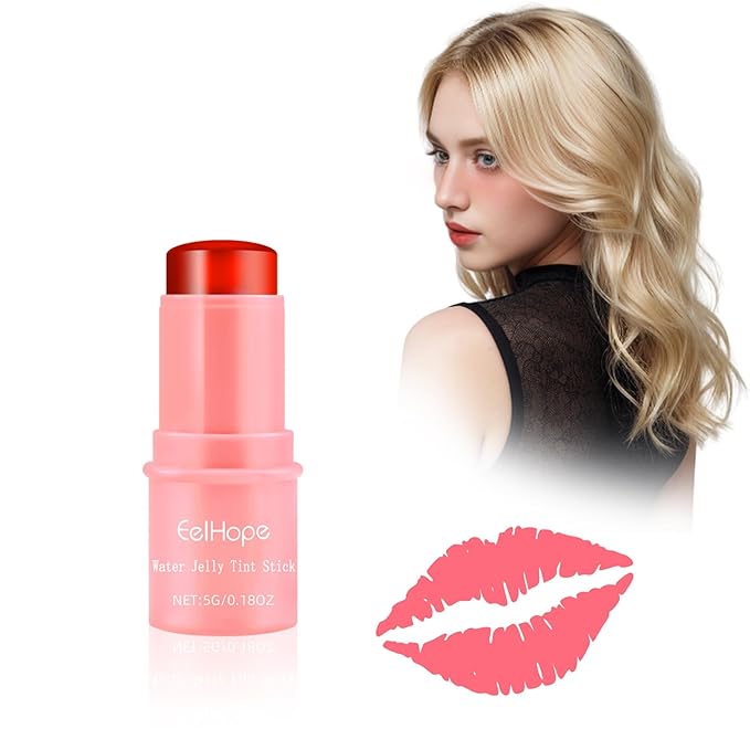 Cooling Water Jelly Tint, Makeup Lip Tint Jelly Blush Stick, Jelly Blush Stick Lip Stain, 1,000+ Swipes Per Stick, Vegan, Cruelty Free, Buildable Watercolor Finish (RED)