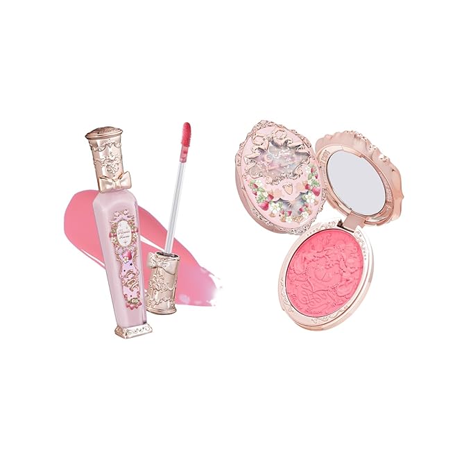 Flower Knows Strawberry Rococo Glowy Lip Gloss G01 Strawberry Macaron+Embossed Blush G01 Romantic Blossom