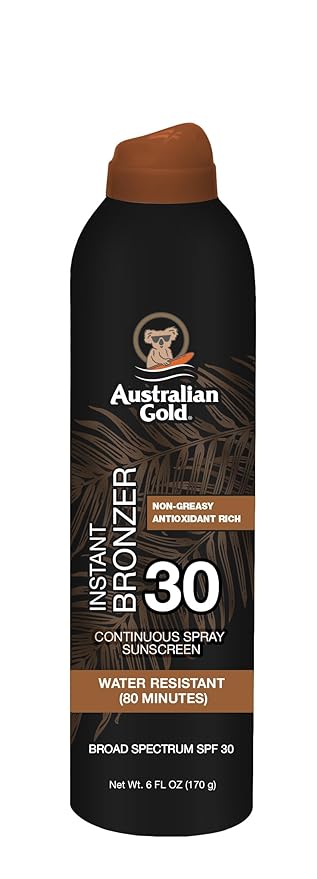 Australian Gold Aerosol Sunscreen SPF 30, Instant Bronzer, Non-Greasy, Water Resistant, Cruelty Free, Bronzer - New, 6 Oz