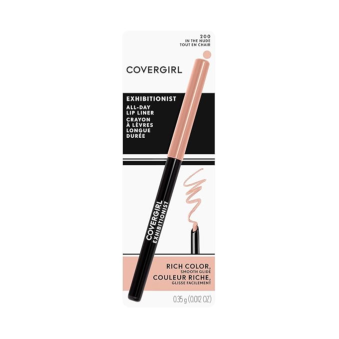 COVERGIRL Exhibitionist Lip Liner, Pencil, Creamy, In the Nude, 0.012 Fl Oz ,Lip Crayon, Makeup, Intense Pigmentation, Self-Sharpening Easy Application, Instant Definition