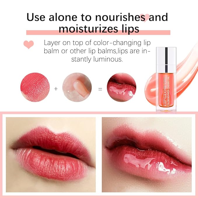 Hydrating/Moisturizing Lip Glow Oil Gloss Transparent Toot Lip Oil Tinted Non-Sticky Nourishing Long Lasting Repairing Lightening Lip Lines and Dry Lips Lip Care Products (PINK) 0.2 OZ