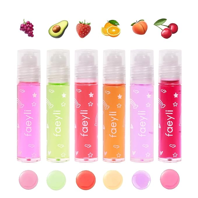 6PCS Roll On Lip Gloss Set, Fruity Flavors Moisturizing Lip Oil,Kids Lip care,Transparent Plumping Lip Gloss,Kid Friendly, Party Gift
