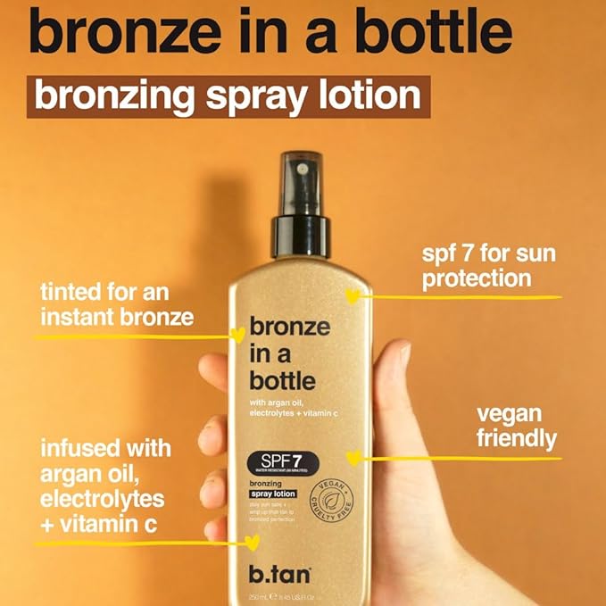b.tan SPF 7 Sun Tanning Lotion Spray | Bronze In a Bottle - Outdoor Bronzing Spray Lotion, Packed with Argan Oil, Electrolytes, & Vitamin C, Vegan Friendly, Austrailian Brand, 8.45 Fl Oz
