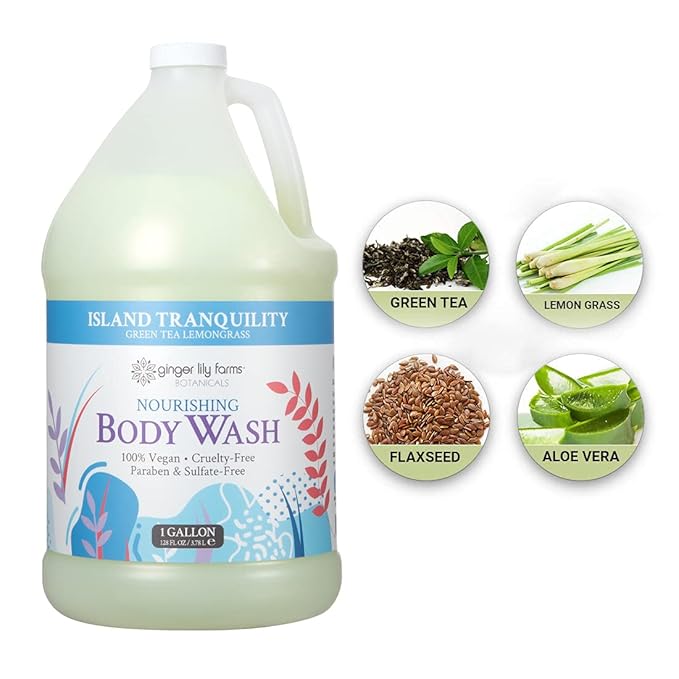 Ginger Lily Farms Botanicals Nourishing Body Wash, Island Tranquility, 100% Vegan & Cruelty-Free, Green Tea & Lemongrass Scent, 1 Gallon Refill (128 fl. oz.)