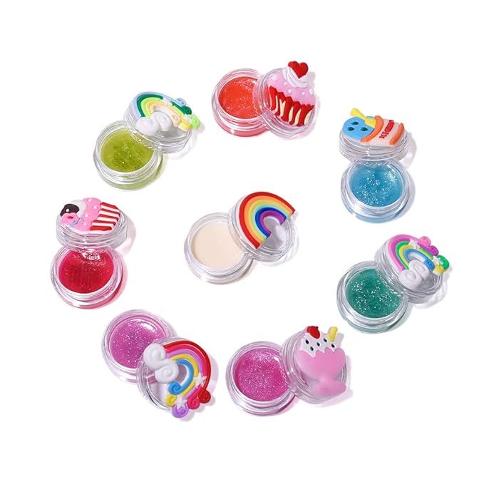 8PCS Cute Lip Gloss for Girls, Party Favors Lip Balm Set for Kids, Assorted Fruity Flavors Cute Cupcake of Rainbow Designs Birthday Gift