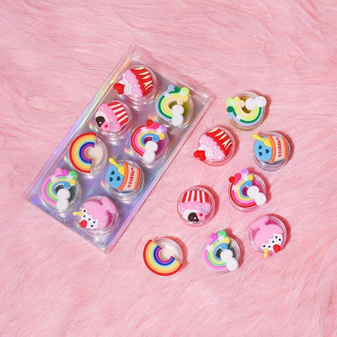 8PCS Cute Lip Gloss for Girls, Party Favors Lip Balm Set for Kids, Assorted Fruity Flavors Cute Cupcake of Rainbow Designs Birthday Gift