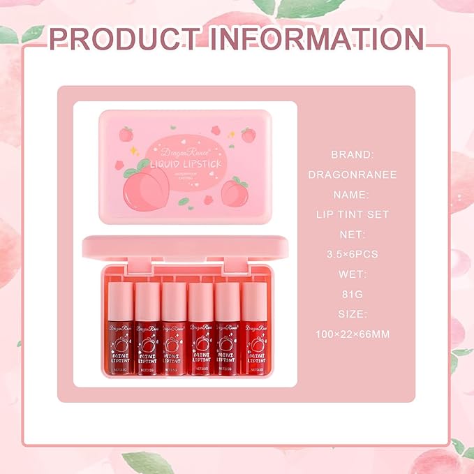 6 Colors Lip Tint Stain Set, Korean Lip Tint, Multi-use Lip and Cheek Tint Watery Lip Stain Long Lasting Waterproof, Lightweight, Non-sticky, High Pigment (Peach)