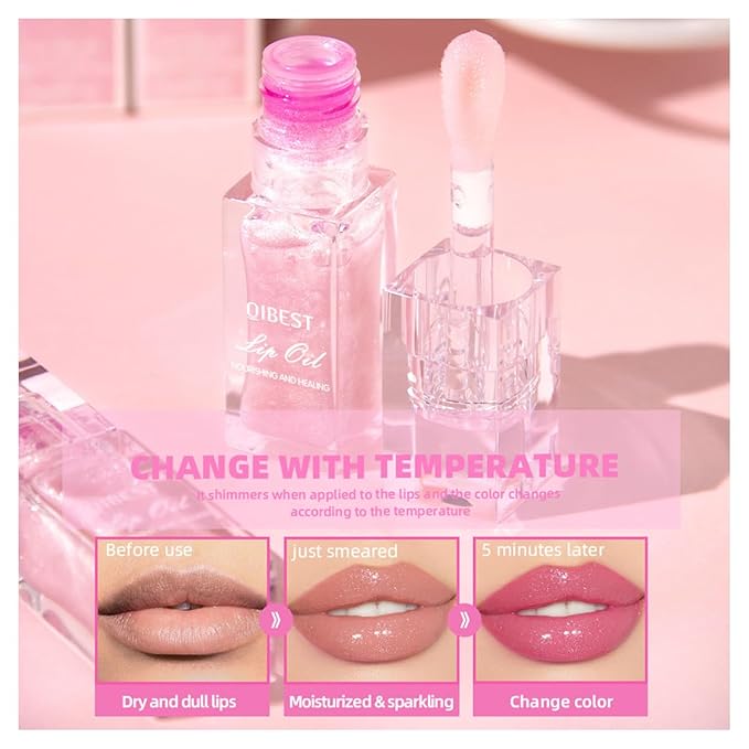 2PCS Color Changing Lip Oil,pink Big Brush Head Long Lasting Moisturizing Smooth Non-Sticky Transparent Plumping Lip Glow Oil