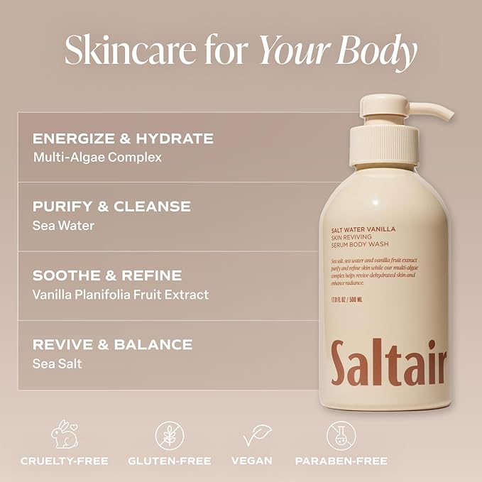 Saltair Body Wash, Salt Water Vanilla 2-Pack. Moisturizing Body Cleanser with Monoi Oil and Cupuacu Butter. Luxury Shower Gel for Women and Men. Vegan, Cruelty-Free, Paraben-Free. 2x 17oz Pump Bottles