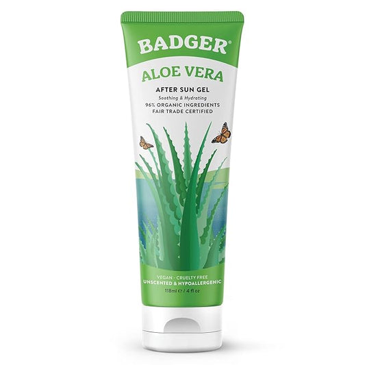 Badger Aloe Vera Gel for Sunburn Relief, Fair Trade & Organic After Sun Care, Pure Cooling Soothing Aloe Vera Gel for Face & Skin, Hypoallergenic & Unscented, 4 fl oz