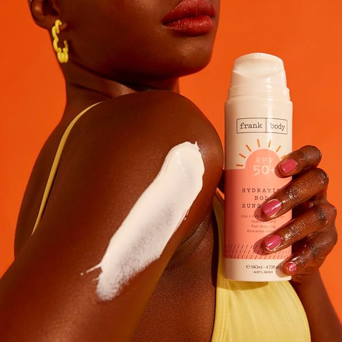 Frank Body SPF50+ Hydrating Body + Facial Sunscreen | Vegan & Cruelty- Free | UVA & UVB Broad Spectrum Sunscreen | Oxybenzone- Free | Hyaluronic Acid, Vitamin E & Aloe Vera (4.73 fl oz/ 140mL)