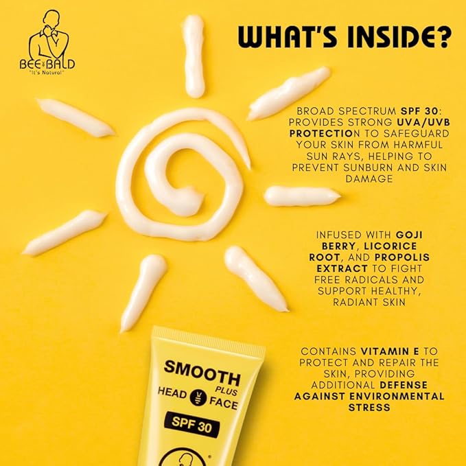 Bee Bald SMOOTH PLUS Head & Face Moisturizer with SPF 30 Sunscreen Lotion Protecting Skin From Harmful UVA/UVB Rays While Hydrating, Moisturizing and Toning, 1.7 Fl Oz