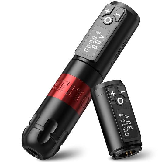 Ambition Soldier Rotary Battery Pen with Extra Battery Tattoo Cartridge Machine 2400mAh Wireless Power Japan Coreless Motor Digital LED Display Tattoo Equipment Supply for Professional Tattoo Artists