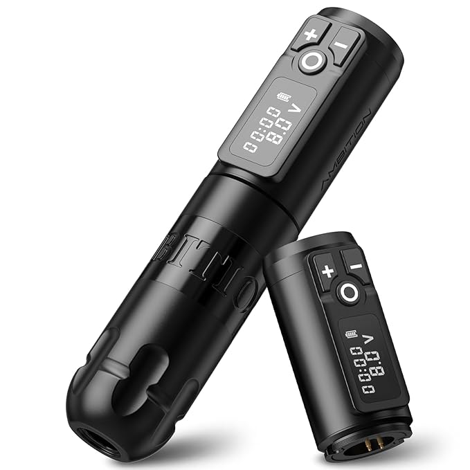 Ambition Soldier Rotary Battery Pen with Extra Battery Tattoo Cartridge Machine 2400mAh Wireless Power Japan Coreless Motor Digital LED Display Tattoo Equipment Supply for Professional Tattoo Artists