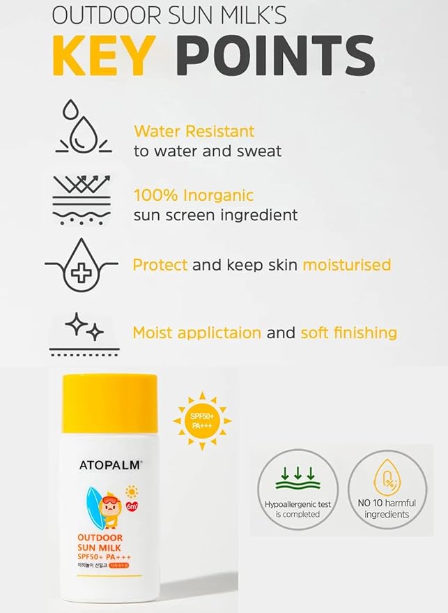 ATOPALM Outdoor Sun Milk SPF50+ PA+++ 55g, Waterproof Baby Kids adult, MLE Korean Mineral Sunscreen