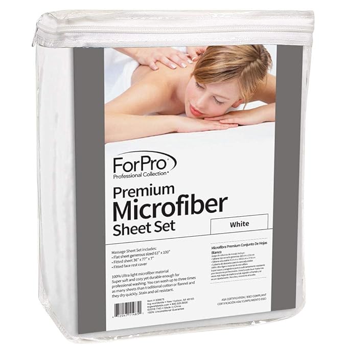 ForPro Professional Collection Premium Microfiber 3-Piece Massage Sheet Set, White, Ultra-Light, Stain, and Wrinkle-Resistant Includes Massage Flat and Fitted Sheet and Massage Face Rest Cover