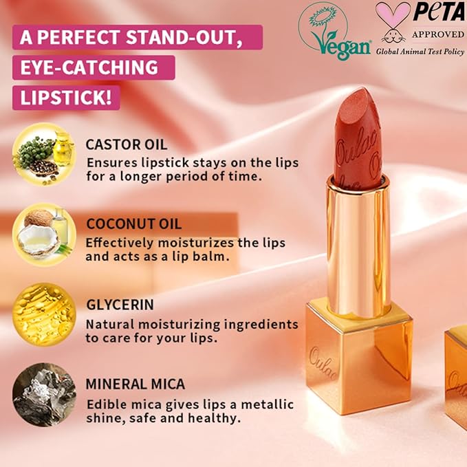 Oulac Pink Lipstick for Women with Metallic 3D Shine Lightweight Hydrating Formula, High Impact Lip Color, Vegan Beauty, Full Coverage Lip Makeup, Christmas Gifts for Women, Hip & Hippie(11)