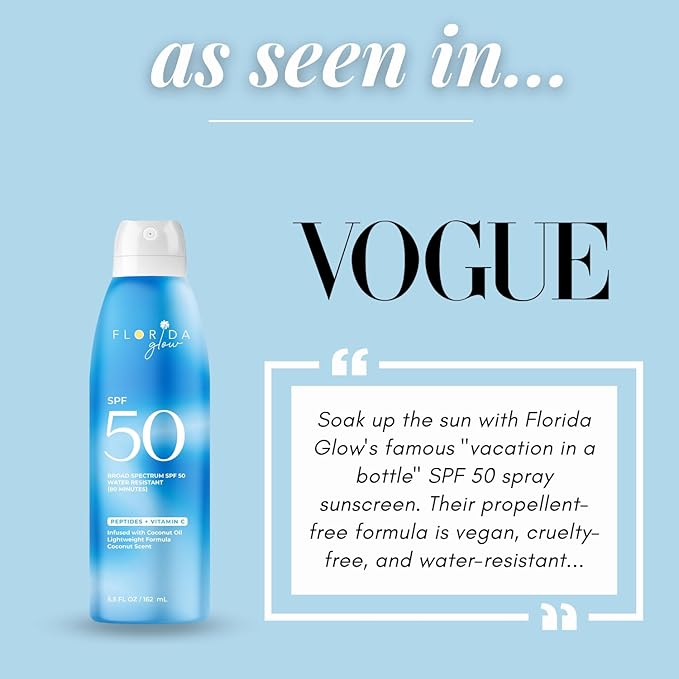 Florida Glow SPF 50 Sunscreen Spray - Hawaii 104 Reef Act & Florida Keys Compliant, Broad Spectrum, Water Resistant Sport Sun screen - Child Friendly PABA-Free & Oxybenzone Free (5.5 Fl Oz 1-Pack)