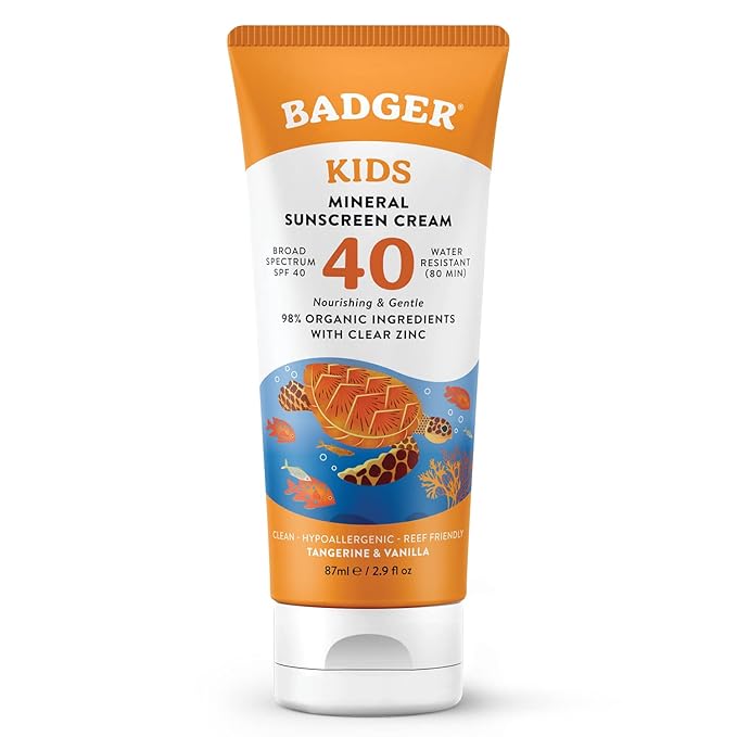 Badger Kids Sunscreen Cream SPF 40, Organic Mineral Sunscreen Kids Face & Body with Zinc Oxide, Reef Friendly, Broad Spectrum, Water Resistant, 2.9 fl oz
