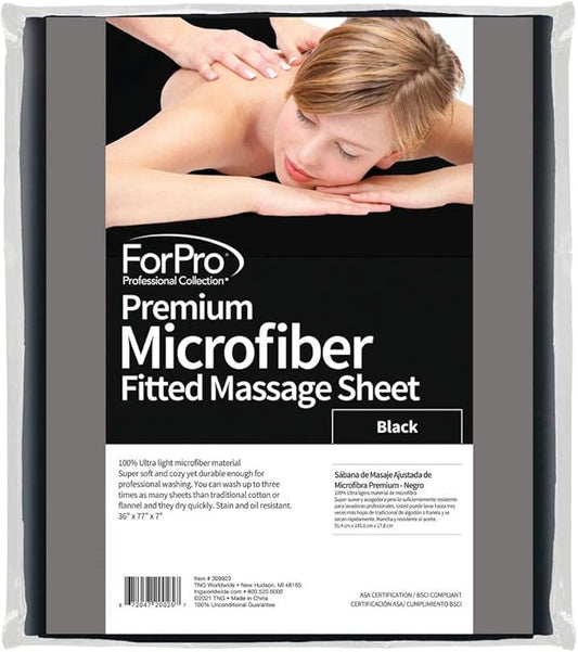 ForPro Professional Collection Premium Microfiber Fitted Sheet for Massage Tables, Ultra-Light, Stain and Wrinkle-Resistant, 36" W x 77" L x 7" H, Black
