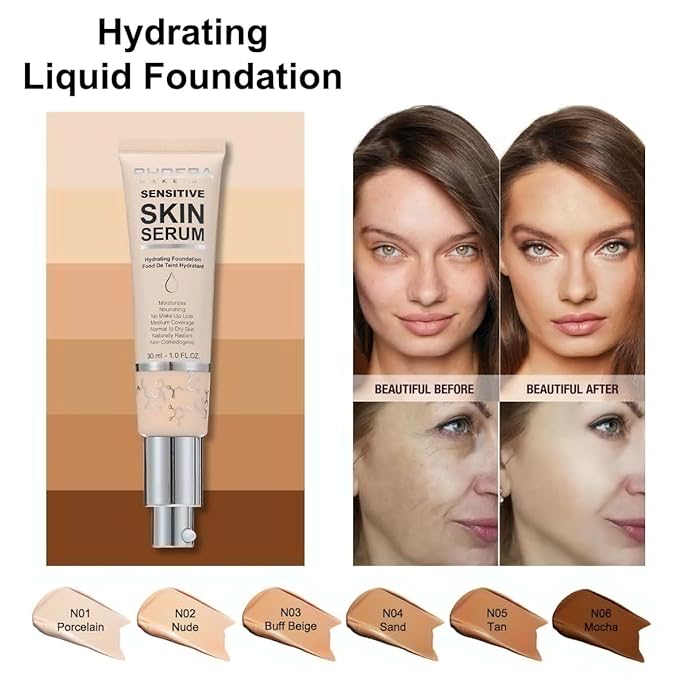 PHOERA Hydrating Serum Foundation,Flawless Full Coverage and Hypoallergenic Mocha, norm)