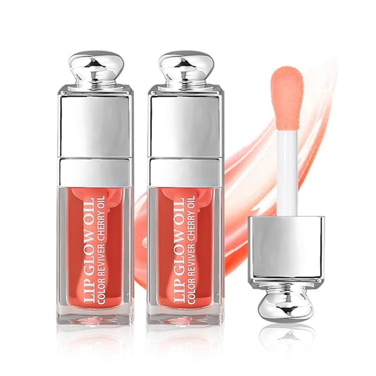 2PCS Hydrating Lip Glow Oil, Lip Oil Gloss Transparent Toot Tinted Nourishing Long Lasting Repairing Lightening Lip Lines (PINK) 0.2 OZ