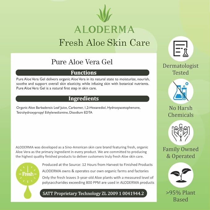 Aloderma 99% Organic Aloe Vera Gel for Face Made within 12 Hours of Harvest, Natural Hydrating Pure Aloe Vera Gel for Soothing Skincare, Moisturizing Aloe Gel for Skin, Face, Sensitive Skin, 4oz - 2ct