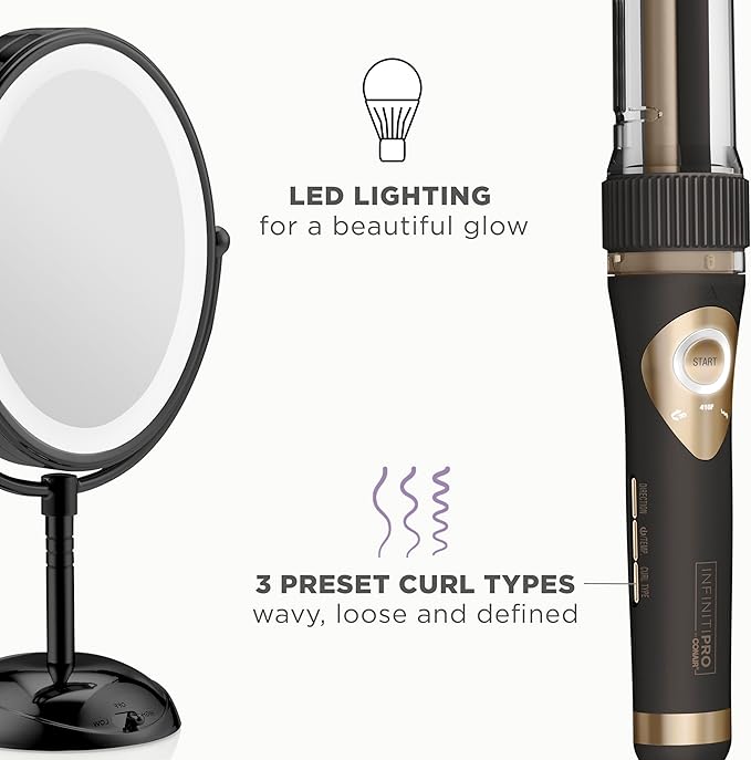 Conair Limited Edition Bundle | INFINITIPRO by CONAIR Curl Secret Automatic Curling Iron in 3/4-inch Barrel - and - Conair Lighted Makeup Mirror | Black | Amazon Exclusive