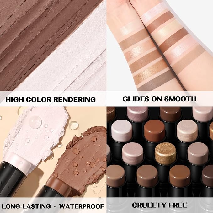 FOCALLURE 2 Pcs Contour Foundation Stick, Highlighter & Trimming Stick,Universal