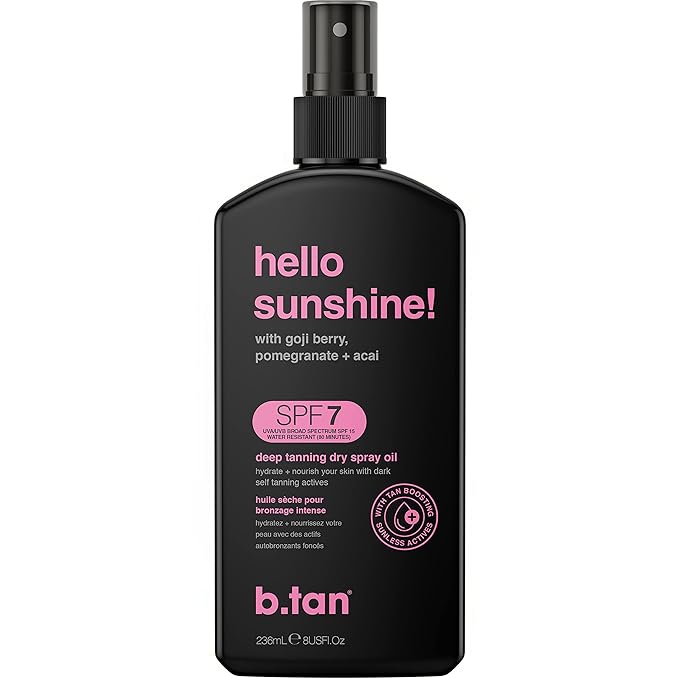 b.tan SPF 7 Deep Tanning Dry Spray | Hello Sunshine Tanning Oil - Enriched w/Bronzer & Tan Boosting Actives, Deeply Nourishes Skin w/Goji Berry, Pomegranate + Açai, Vegan, Cruelty Free, 8 Fl Oz