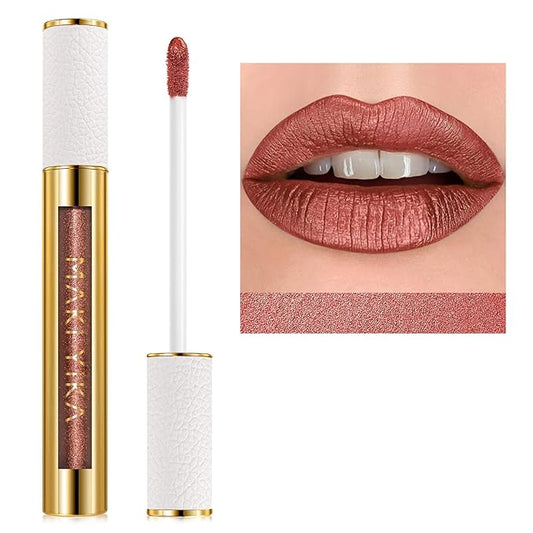 MAKI YIKA Metallic Lipsticks Long Lasting Brown Lipstick for Women, High Shine Glitter Lipstick No Smudge Transferproof iquid Lip Gloss (BR09 Celebration)