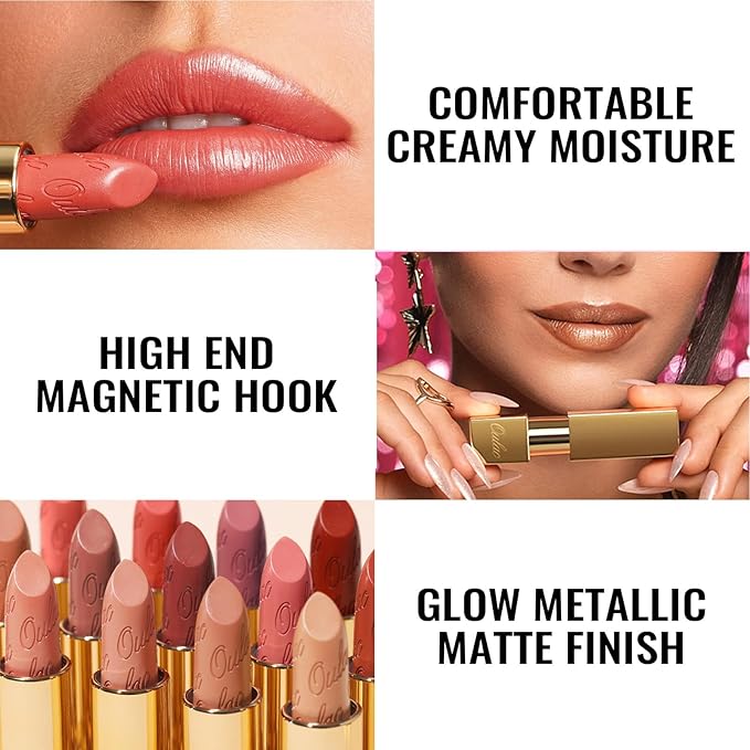 Oulac Metallic Red Lipstick Set 3PCS High Impact Lipcolor with Moisturizing Formula, Vegan Beauty, Full-Coverage Lip Color, Gift Lipstick for Women, 4.3g X 3PCS, 12+GM05+GM13