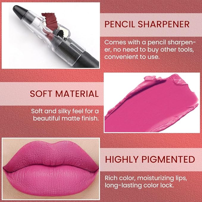 Sakura Pink Crayon Matte Lipstick Lip Liner Pencil, Moisture Smooth Lipstick Pencil,With pencil sharpener Sharpenable Lip Pencil, Ultimate Lip Crayon for Women Smudgeproof Waterproof 18#