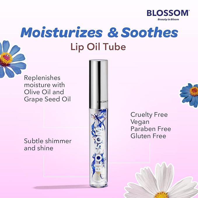 Blossom Moisturizing and Hydrating Shimmer Sparkle Lip Oil with Olive Oil + Grape Seed Oil, Infused with Real Flowers, 3g, Coconut