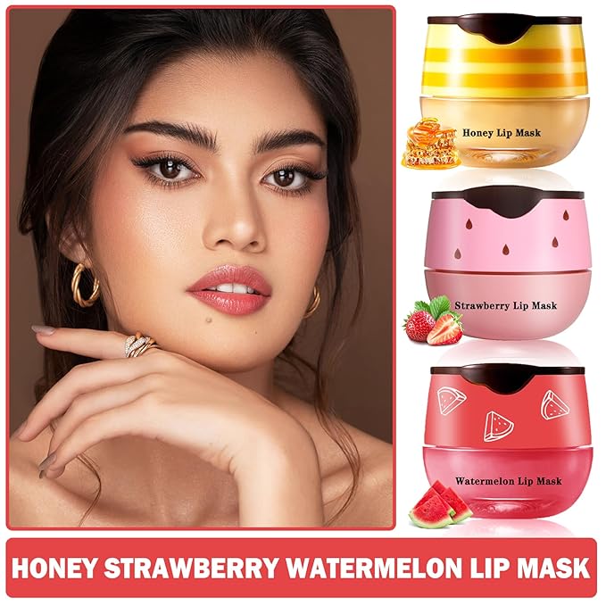 3PCS Bee Lip Balm Honey Pot Products(Honey+Strawberry+Watermelon)