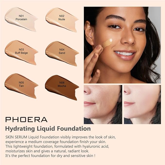 PHOERA Foundation Full Coverage,and Medium Coverage 2024 New Complexion(103+N02/Warm peach+Nude)