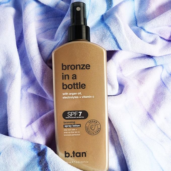 b.tan SPF 7 Sun Tanning Lotion Spray | Bronze In a Bottle - Outdoor Bronzing Spray Lotion, Packed with Argan Oil, Electrolytes, & Vitamin C, Vegan Friendly, Austrailian Brand, 8.45 Fl Oz
