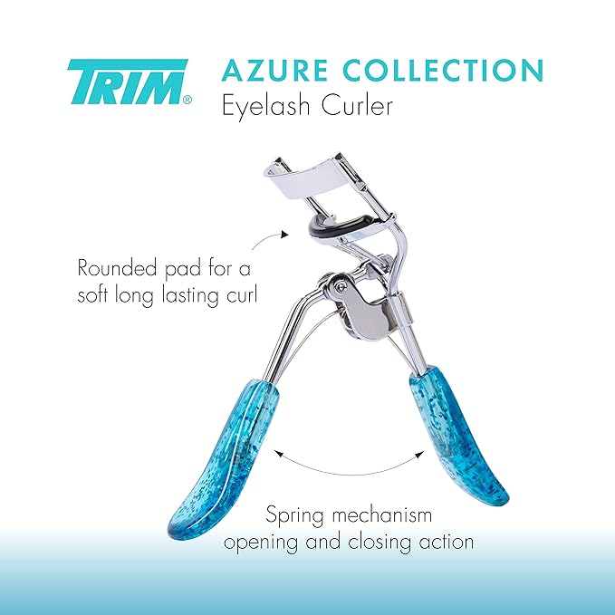 TRIM Azure Collection Bundle – for Removing Hair, Curling Lashes, Clipping & Filing Nails – Includes Slant Tip Tweezers, Eyelash Curler, Nail Clipper Set & Laser Cut Nail File – Blue Glitter Sparkle