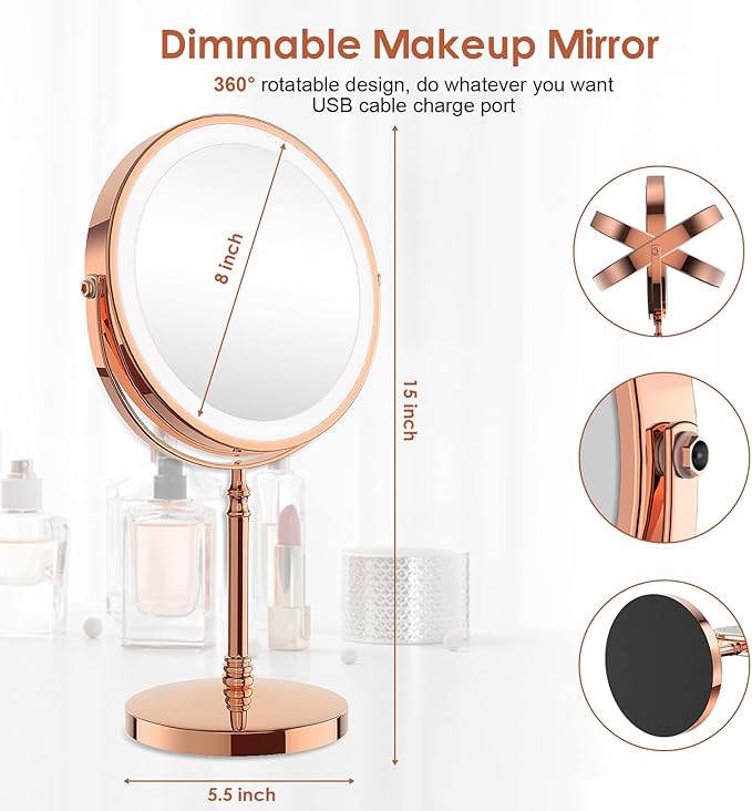 Lighted Makeup Mirror, 3000 mAh Rechargeable Double Sided Magnifying Vanity Mirror with 3 Colors, 1x/10x, 360° Rotation , Brightness Adjustable Magnification Cosmetic Light up Mirror, Women Gift