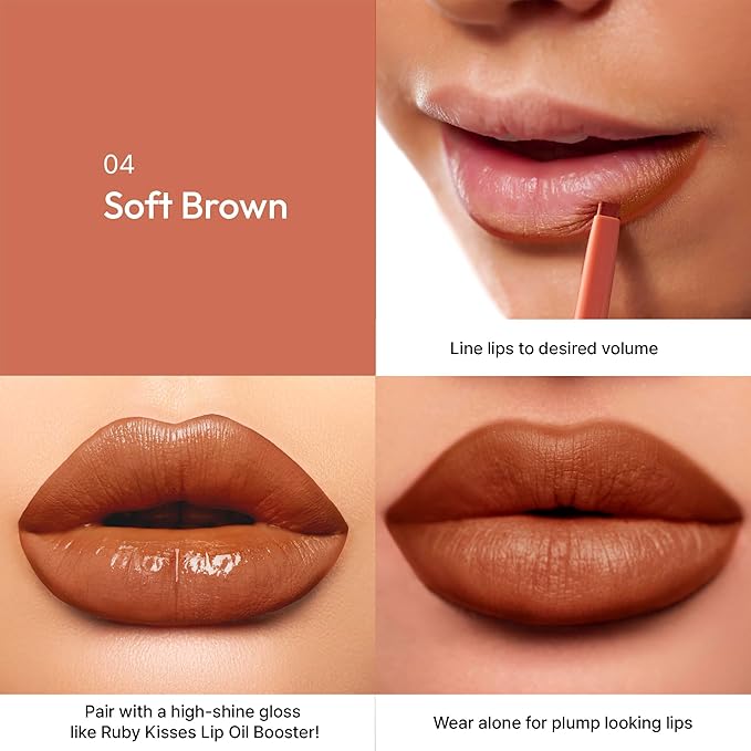 Ruby Kisses Plumping Effect Lip Liner, Semi Matte, Smudge Proof, High Pigment, Medium to Full Coverage Makeup, Precise Tip, Bold Color Lip Plumper