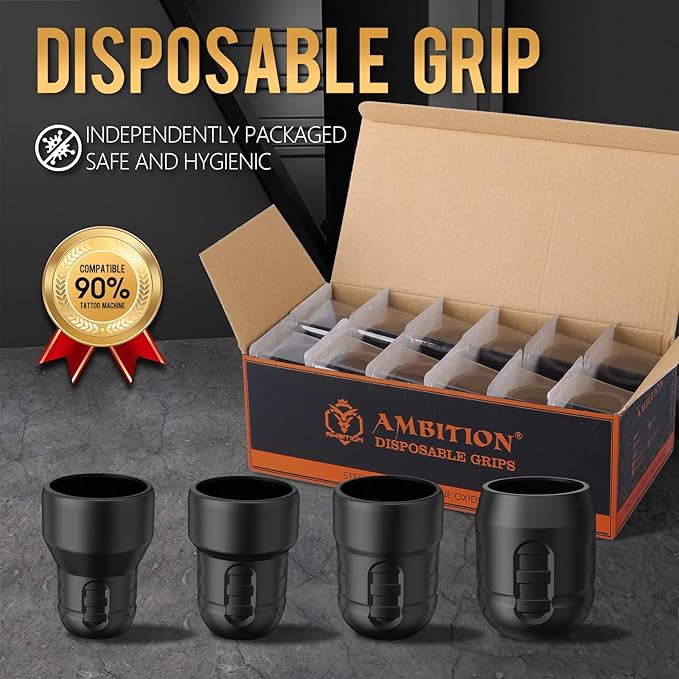 Ambition Soldier 42MM Disposable Tattoo Grips - 12Pcs Professional Tattoo Rubber Grip Cover with Click Adjust System Supply for Rotary Soldier, Zetton, Torped & Shura Tattoo Pen Machine Gun