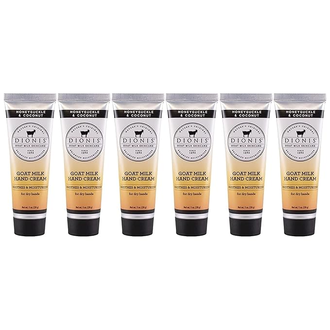 Dionis - Goat Milk Skincare Scented Hand Cream (1 oz) Set of 6, Moisturizing Lotion for Dry Skin, Good for Sensitive Skin, Cruelty-free and Paraben-free (Honeysuckle & Coconut)