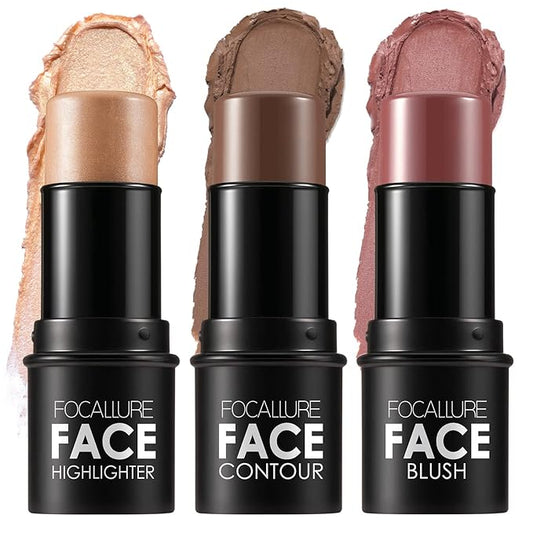 FOCALLURE 3 Pcs Cream Contour Sticks,Shades with Highlighter Finishing Makeup,DEEP