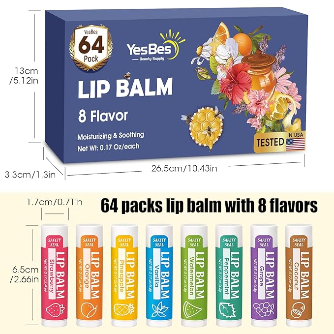 64 Pack Lip Balm, Natural Lip Flavors