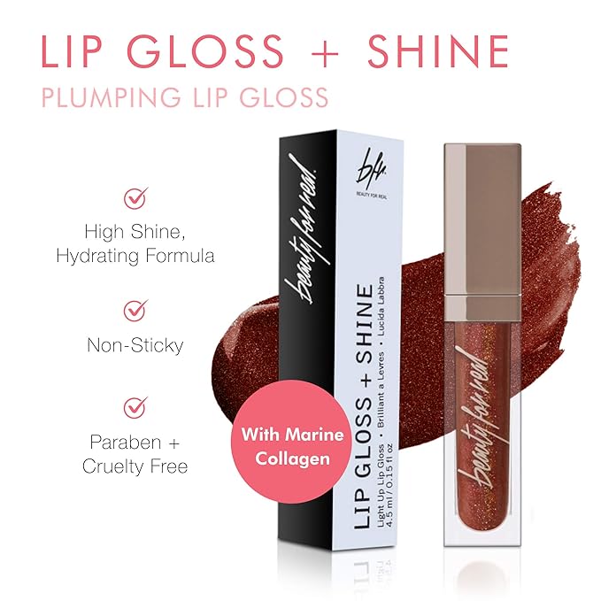 Beauty For Real Lip Gloss + Shine, Rebel Rebel - Deep Maroon Metallic - Non-Sticky Plumping & Hydrating Gloss - Light & Mirror In Cap - Contains Marine Collagen - 0.15 fl oz
