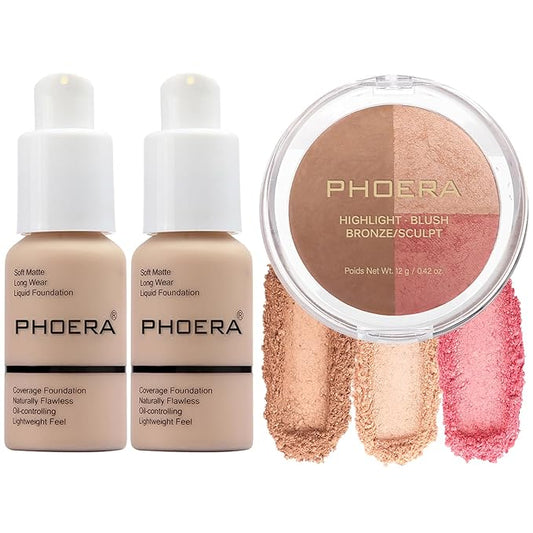 PHOERA Foundation, PHOERA Contour Palette,Shades with Highlighter & Contour/Nude+ Nude+#002)