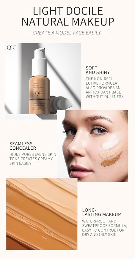 QIC Waterproof Matte Concealer BB Liquid Foundation Cream 102# Nude 30ml